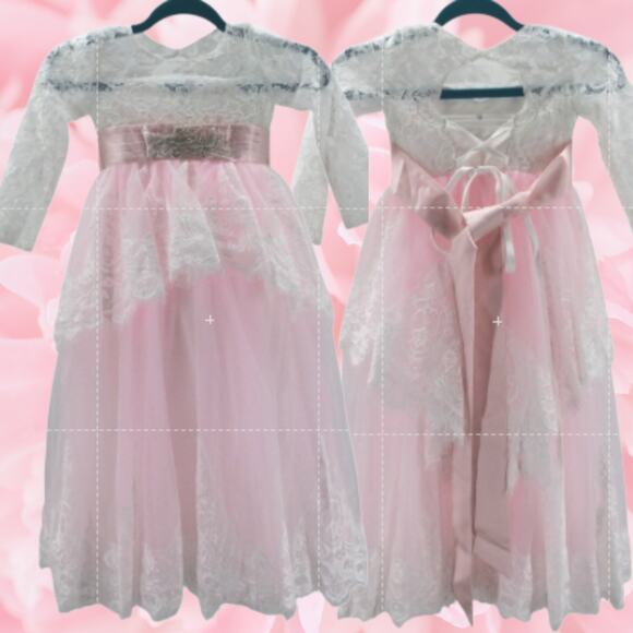 Unbranded Other - FLOWER GIRL'S PARTY DRESS 4-5y white pink long sleeve lace maxi dress NEW B75